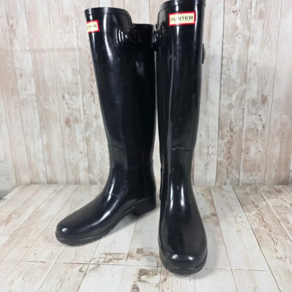Hunter Original Refined Tall Rain Boots Black Glossy Waterproof Womens US 5